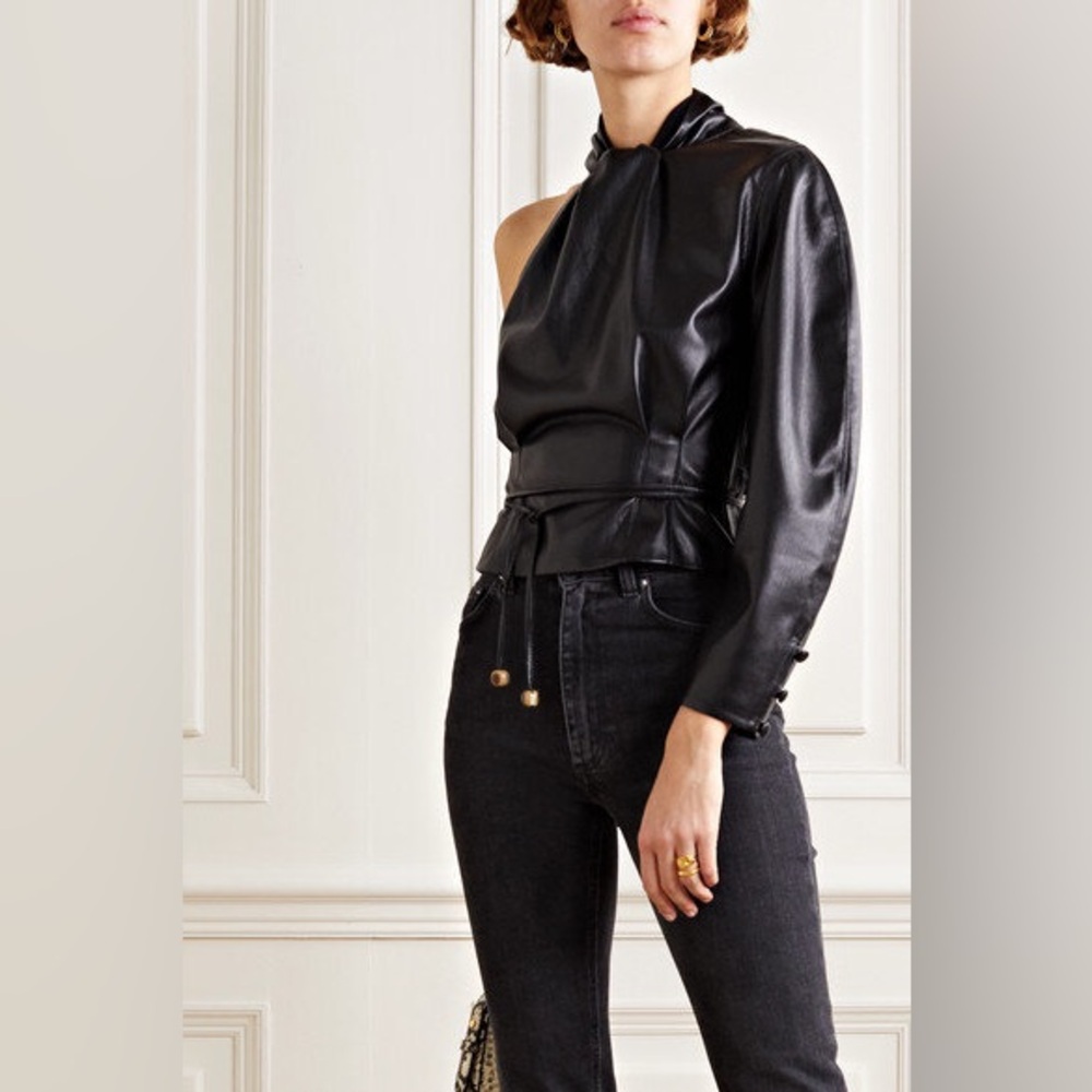 NANUSHKA ELODIA VEGAN LEATHER ASYMMETRIC BLOUSE IN BLACK NWT